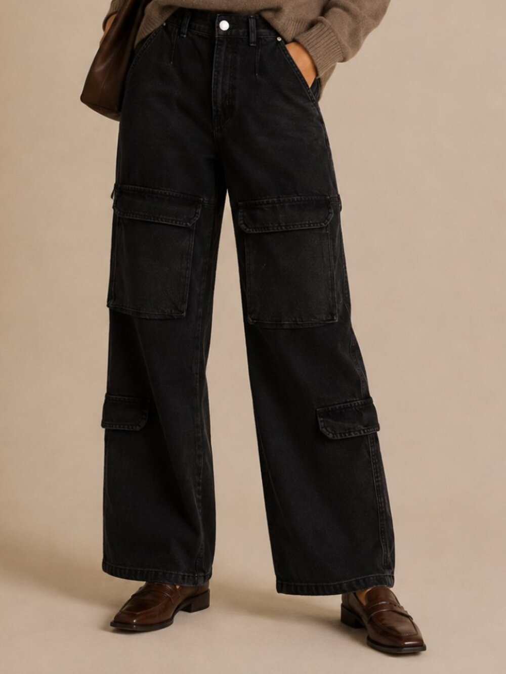 Zara Wide Leg Cargo Jeans Black Sz 6